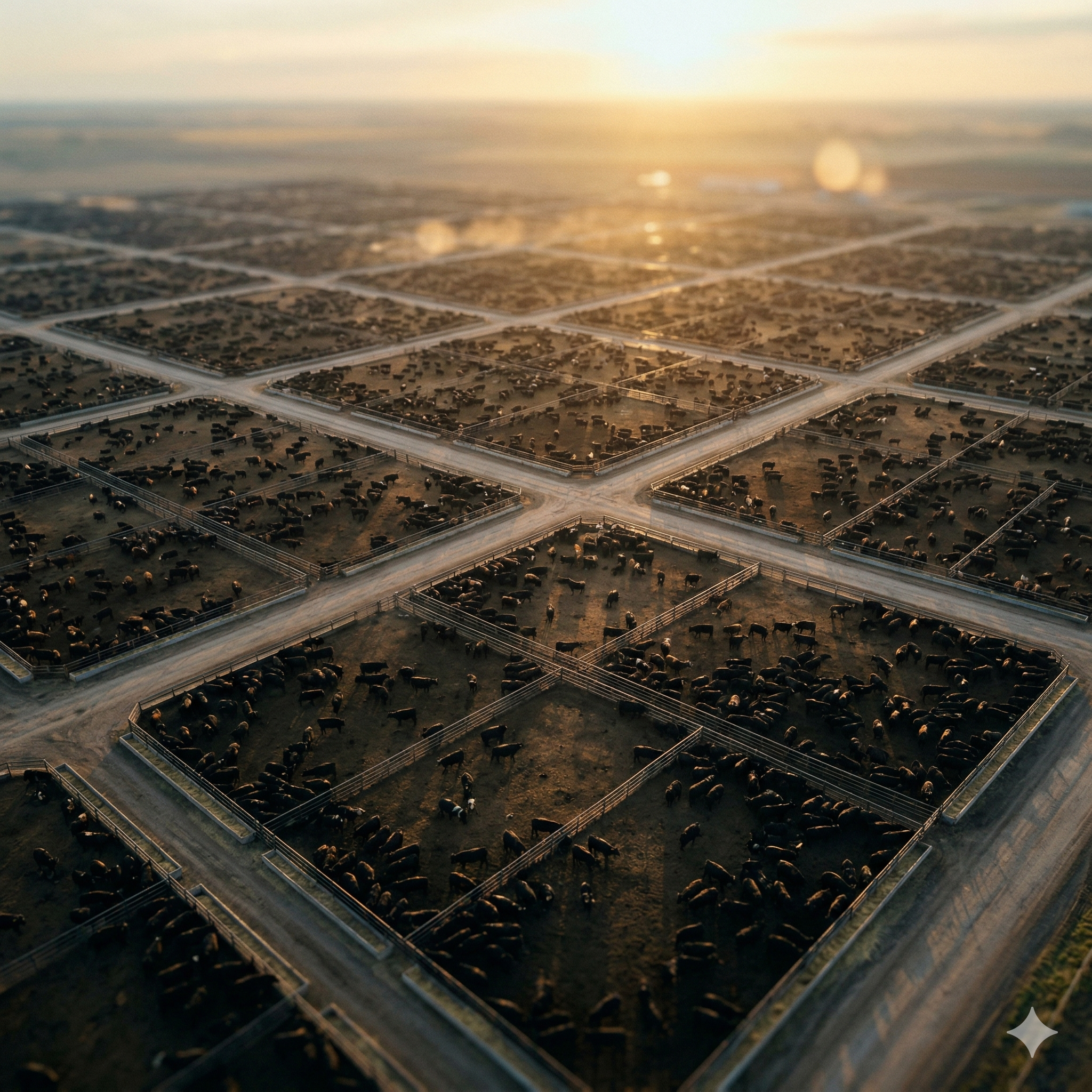 feedlot in sunset